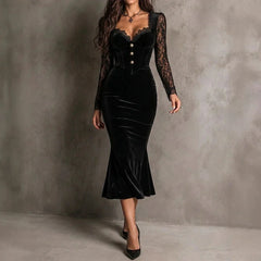 Viviana | Velvet Midi Dress with Lace Sleeves