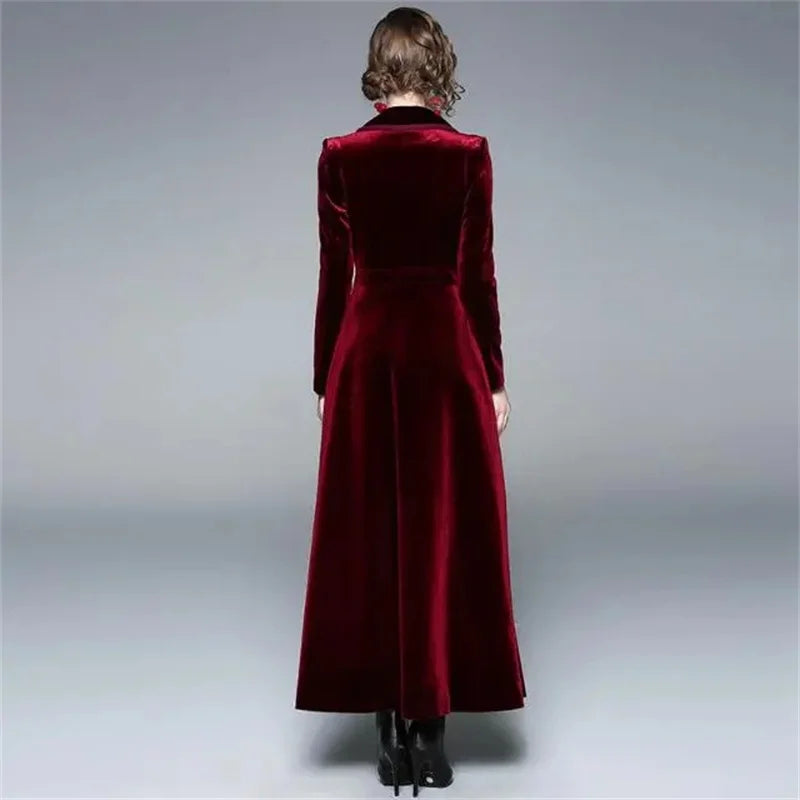 Gouden Fluwelen Lange Windjack Dames Herfst/Winter Nieuwe Stijl High End Temperament Geul Vrouwelijke Elegante Lange Overjas