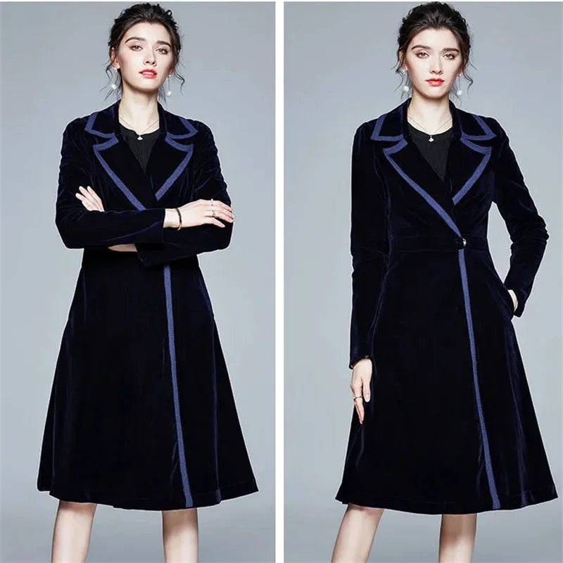 Gouden Fluwelen Lange Windjack Dames Herfst/Winter Nieuwe Stijl High End Temperament Geul Vrouwelijke Elegante Lange Overjas