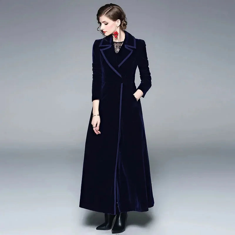 Gouden Fluwelen Lange Windjack Dames Herfst/Winter Nieuwe Stijl High End Temperament Geul Vrouwelijke Elegante Lange Overjas