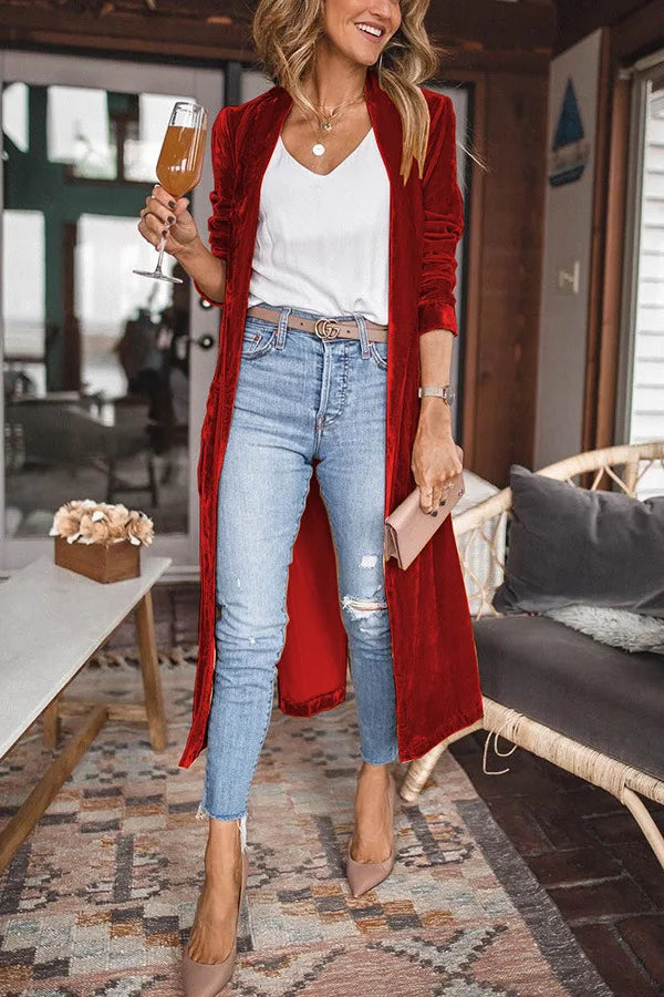 Herfst/Winter Straat Trendy Dames Los Goud Fluwelen Stretch Lange Jas Effen Elegant Kantoor Dame Feest X-LONG Vest Jas
