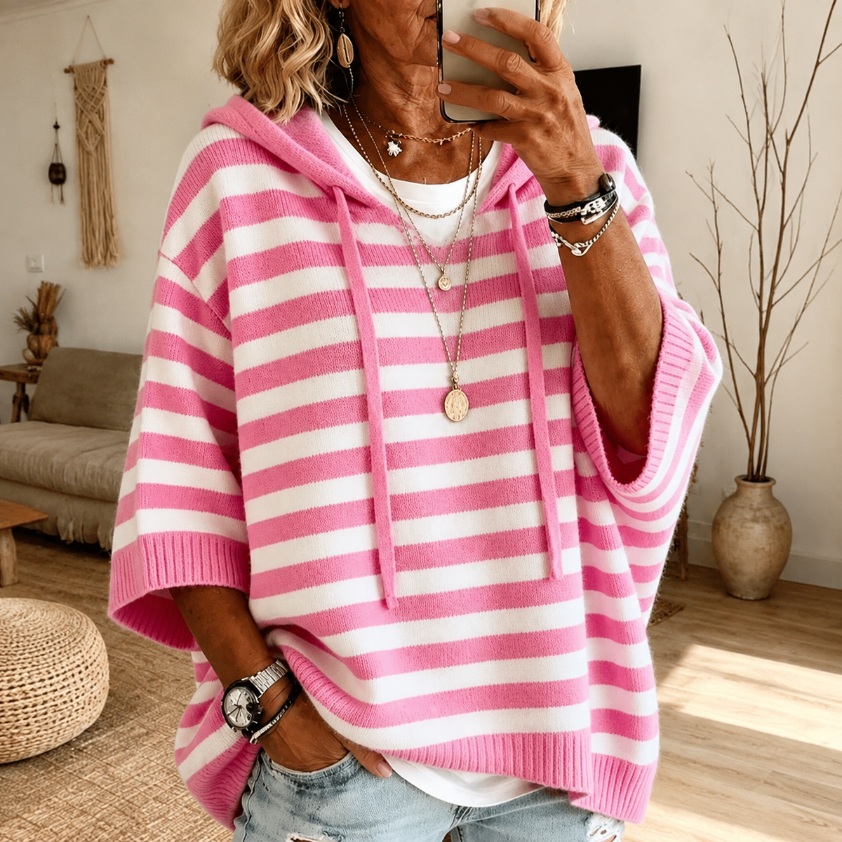 Emilie | Pink Striped Poncho Jumper