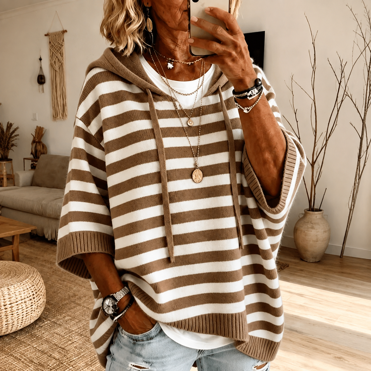 Mathilde | Taupe Striped Poncho Jumper
