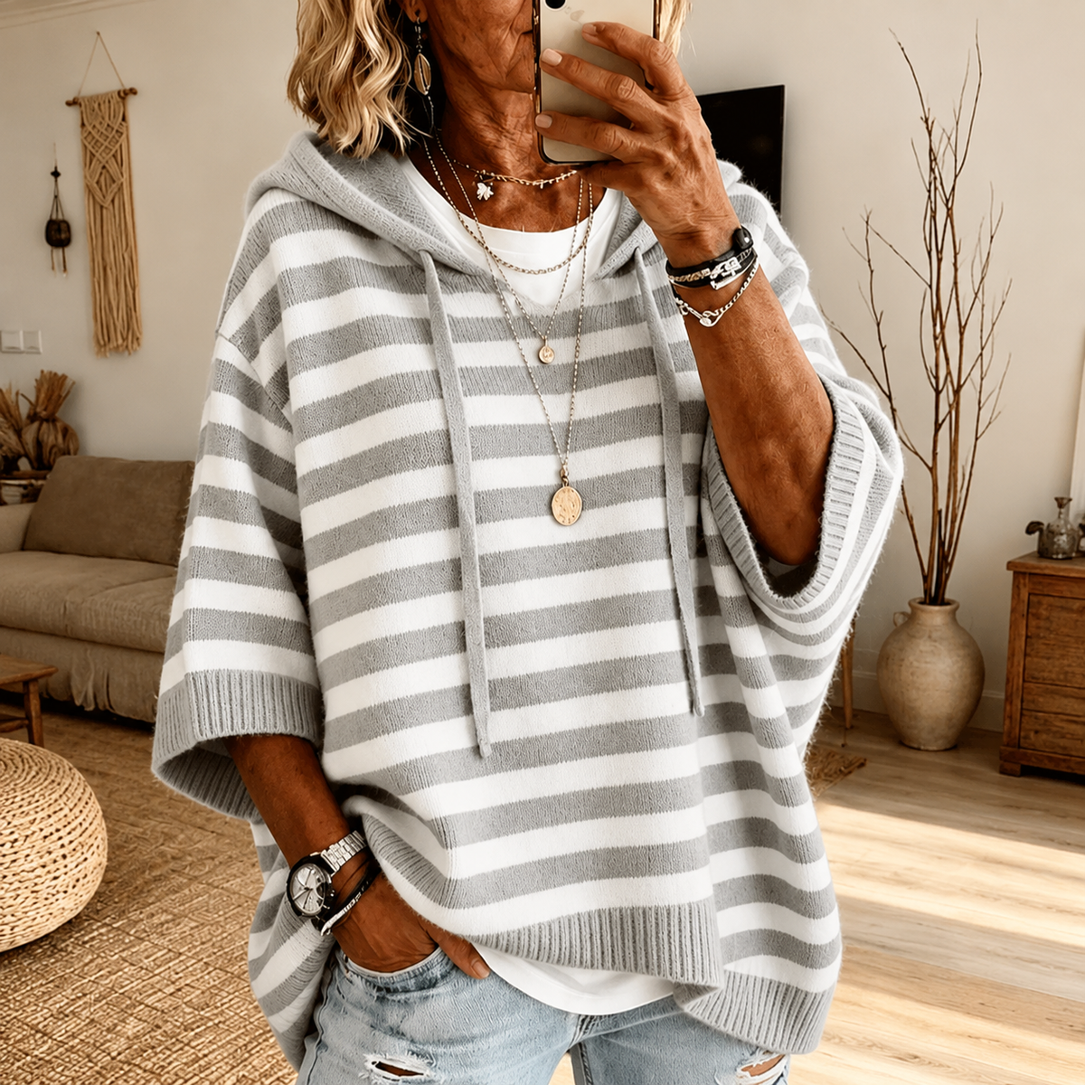 Celine | Grey Striped Poncho Jumper