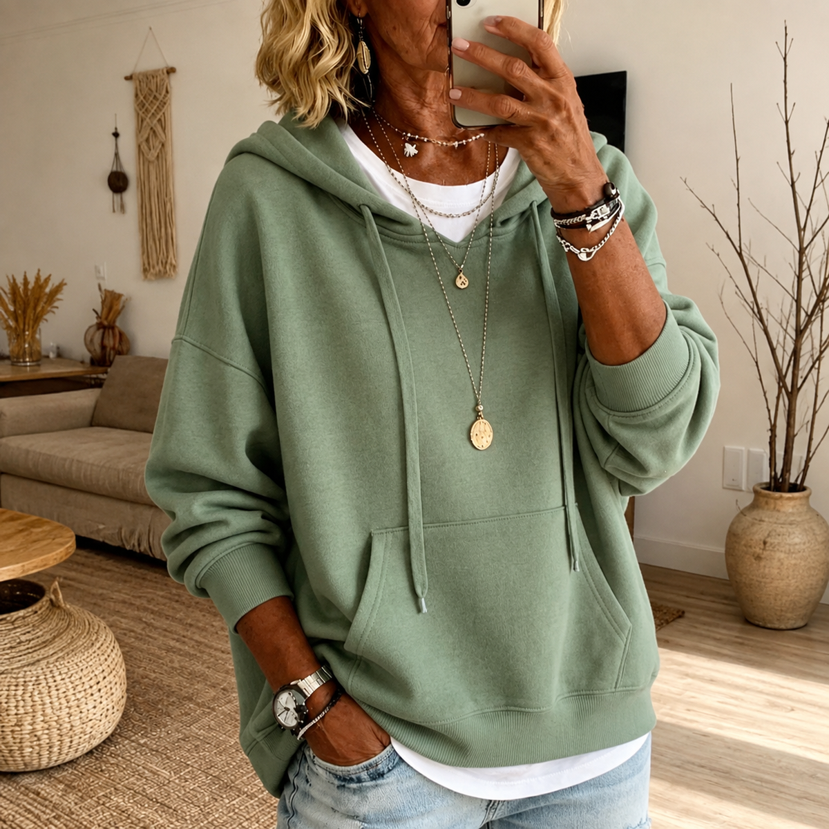 Amandine | Sage Green Oversized Hooded Jumper