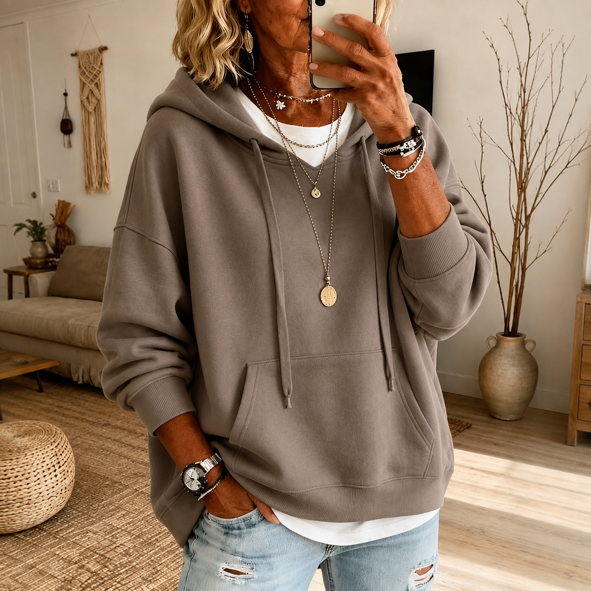 Ella | Taupe Oversized Hooded Jumper