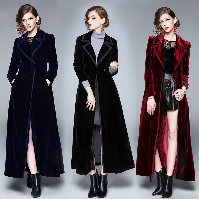 Gouden Fluwelen Lange Windjack Dames Herfst/Winter Nieuwe Stijl High End Temperament Geul Vrouwelijke Elegante Lange Overjas