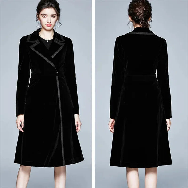 Gouden Fluwelen Lange Windjack Dames Herfst/Winter Nieuwe Stijl High End Temperament Geul Vrouwelijke Elegante Lange Overjas