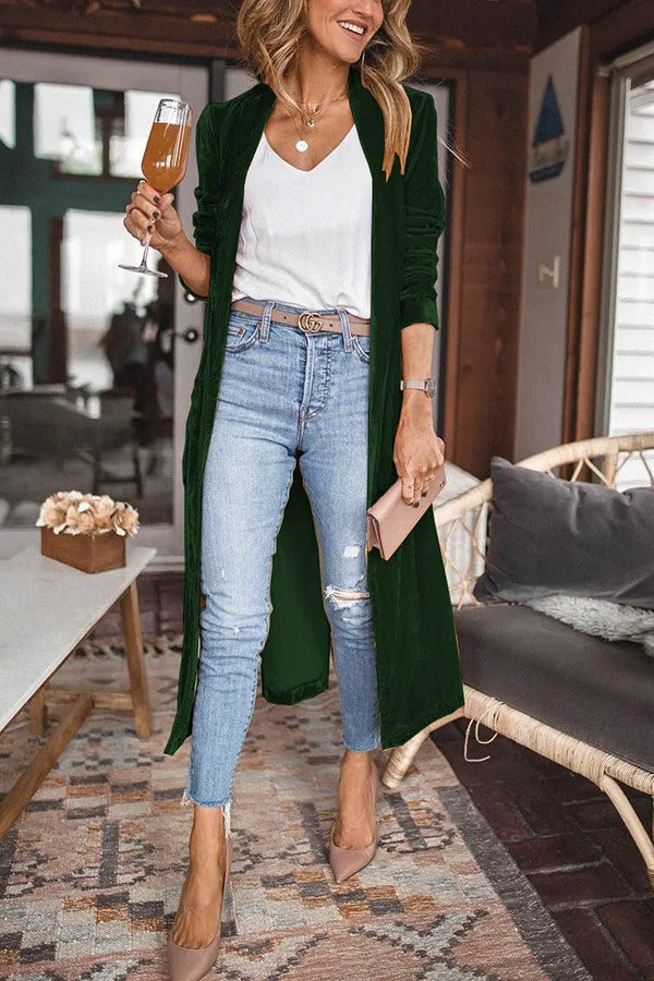 Herfst/Winter Straat Trendy Dames Los Goud Fluwelen Stretch Lange Jas Effen Elegant Kantoor Dame Feest X-LONG Vest Jas