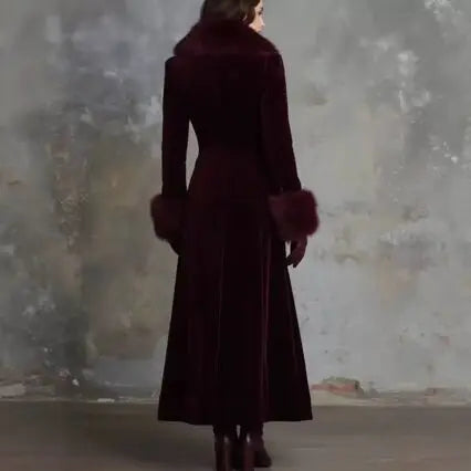 Fluwelen lange trenchcoat voor dames, met nepbontkraag, gesplitste overjas, dubbelrijks, herfst-winter, elegante maxi-avondjas