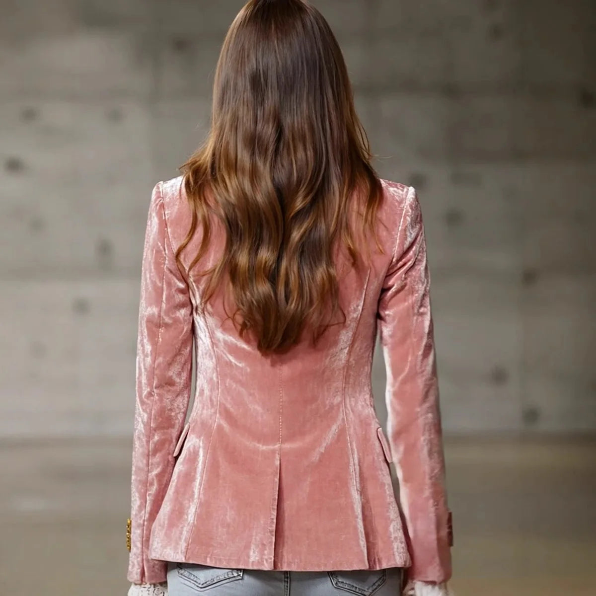 Roze fluwelen op maat gemaakte jas voor dames, elegante kantoordame, jas met inkepingenkraag, uitlopende mouwen, enkele knoop, herfst