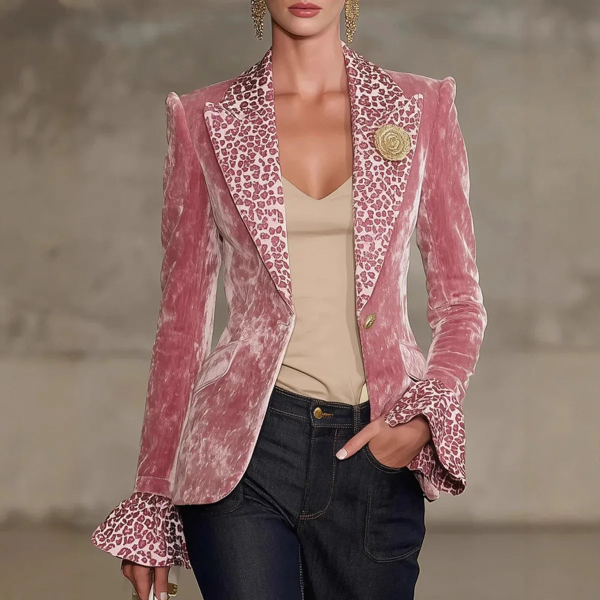 Vrouwen Fluwelen Blazer Luipaardprint Revers Manchet Enkele Knop Jasje Elegante Bovenkleding Jas Vrouwelijke Lente/Herfst Mode Tops