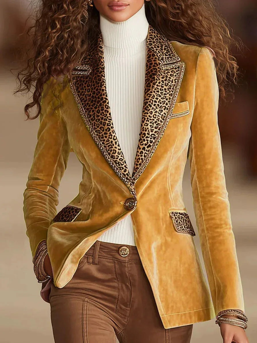 Mode Elegante Luipaard Fluwelen Patchwork Jassen Blazer Enkele Knop Zakken Gekerfde Kraag Kantoor Dame Herfst Jassen 2025