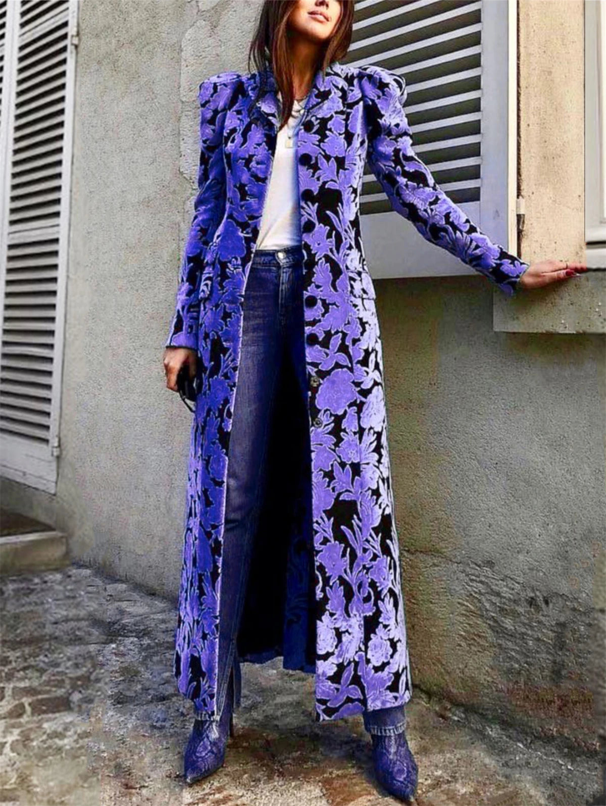 Lange fluwelen trenchcoat voor dames, bloemenreverskraag, zacht, hoge kwaliteit, herfst, piekrevers, lange elegante overjas in Britse stijl