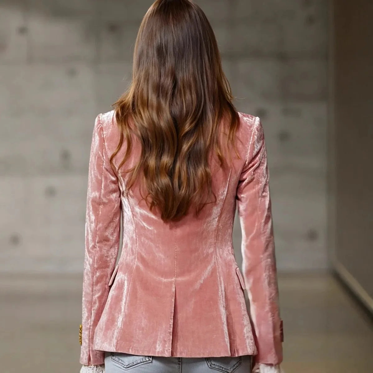 Roze fluwelen op maat gemaakte jas voor dames, elegante kantoordame, jas met inkepingenkraag, uitlopende mouwen, enkele knoop, herfst