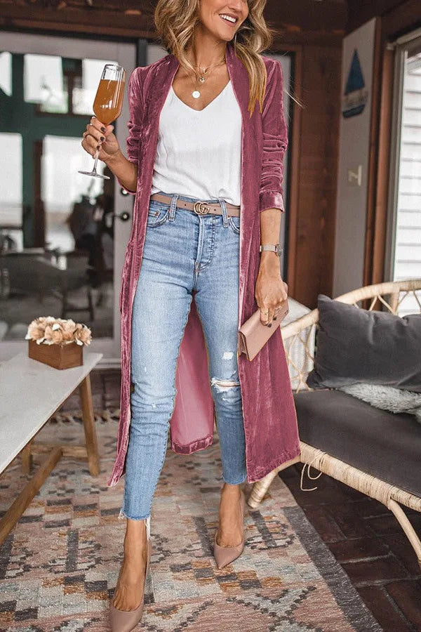 Herfst/Winter Straat Trendy Dames Los Goud Fluwelen Stretch Lange Jas Effen Elegant Kantoor Dame Feest X-LONG Vest Jas