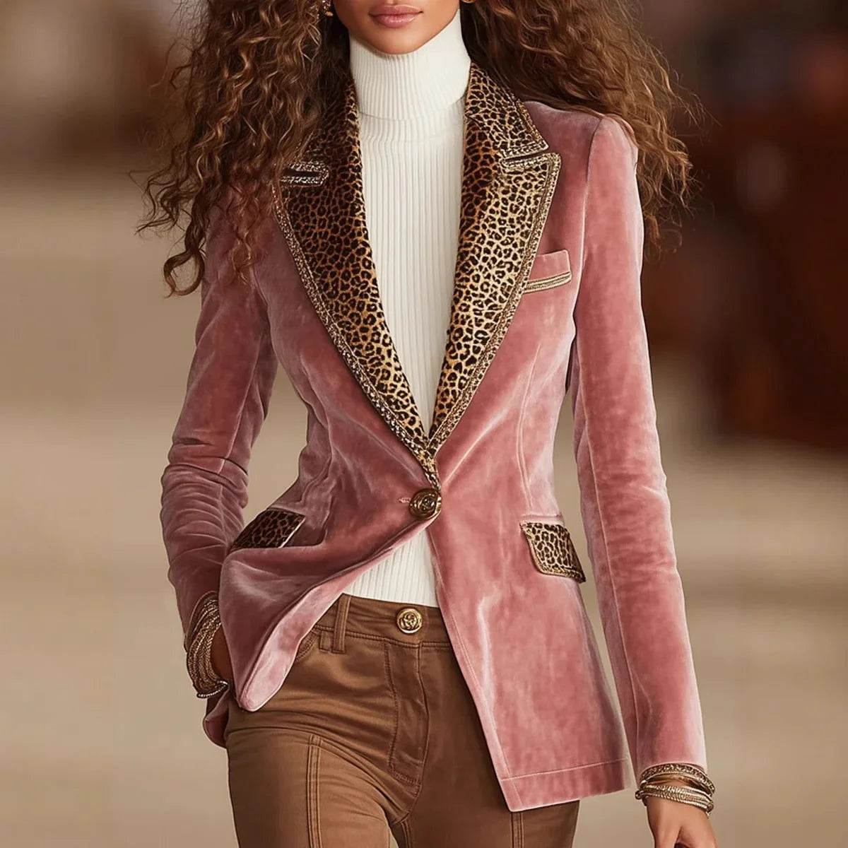 Mode Elegante Luipaard Fluwelen Patchwork Jassen Blazer Enkele Knop Zakken Gekerfde Kraag Kantoor Dame Herfst Jassen 2025