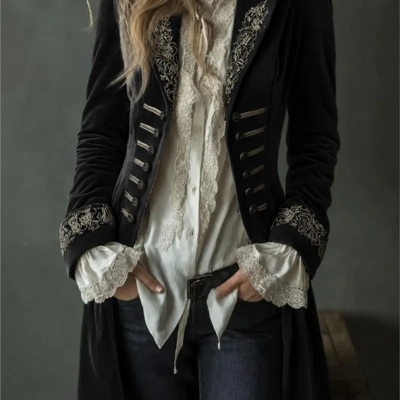 Philomena | Embroidered Velvet Longline Jacket