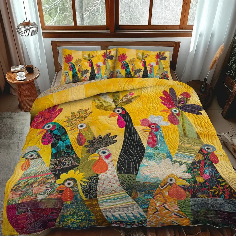 Morning Roosters | 3-Piece Quilted Bedding Set