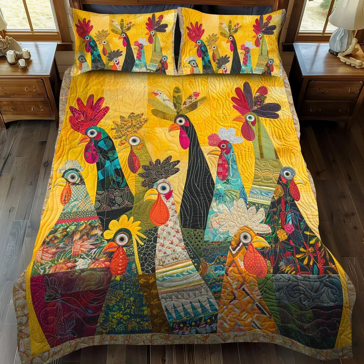 Morning Roosters | 3-Piece Quilted Bedding Set