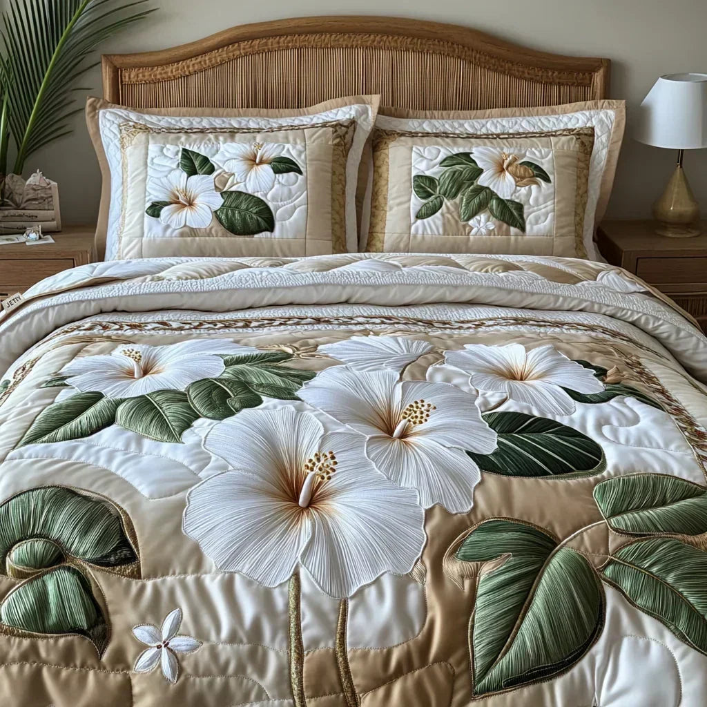 White Hibiscus | 3-Piece Quilted Bedding Set