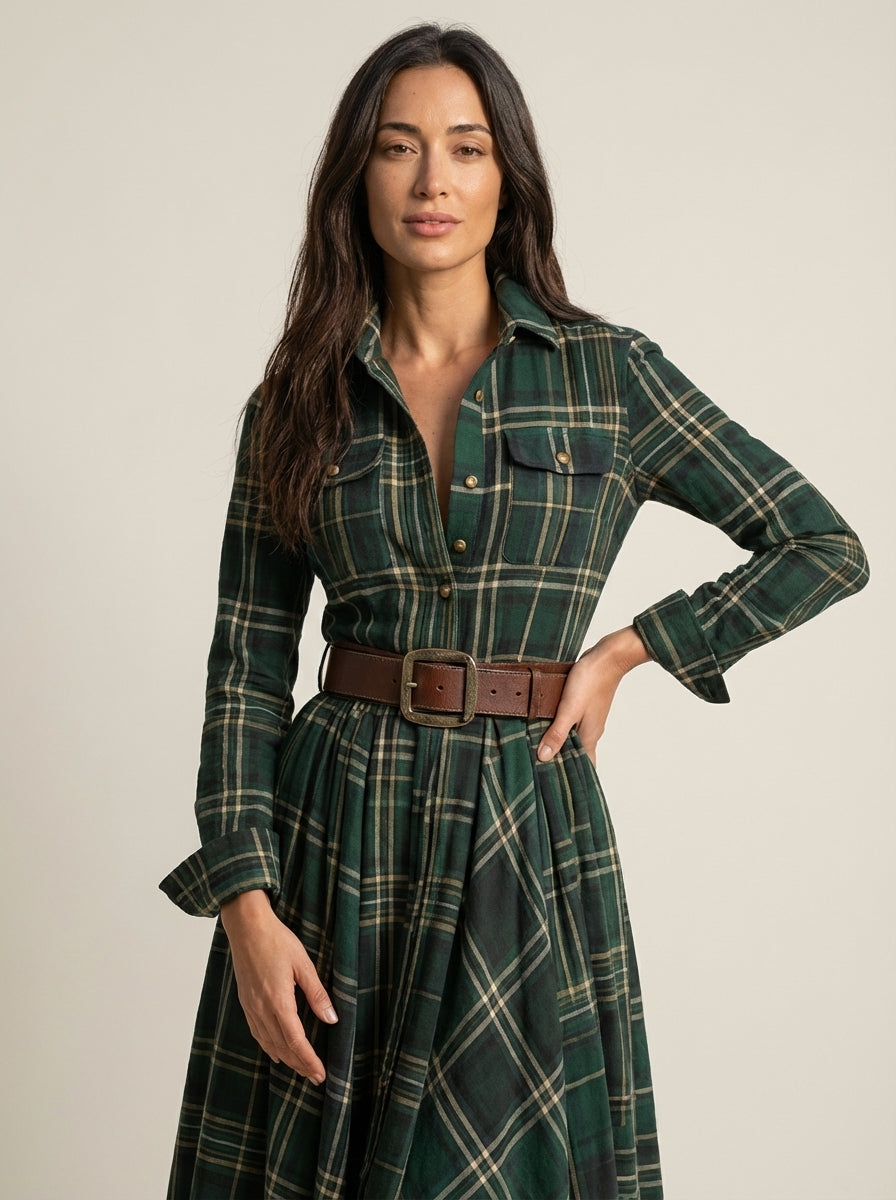 Beatriz | Long Checked Dress with Belt