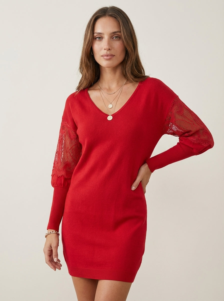 Eva | Elegant V-Neck Dress with Lace Sleeves