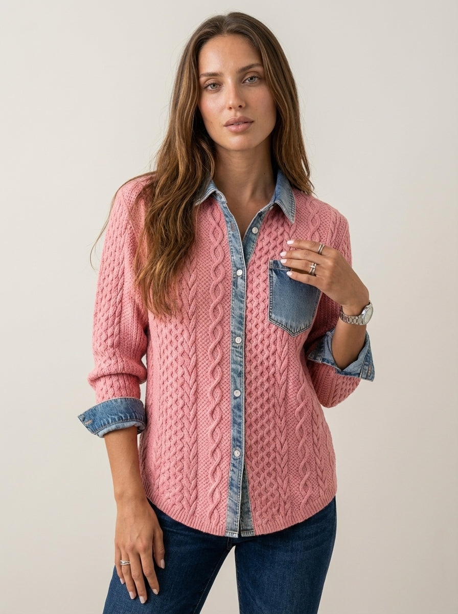 Rebecca | Cable-Pattern Top with Denim Details