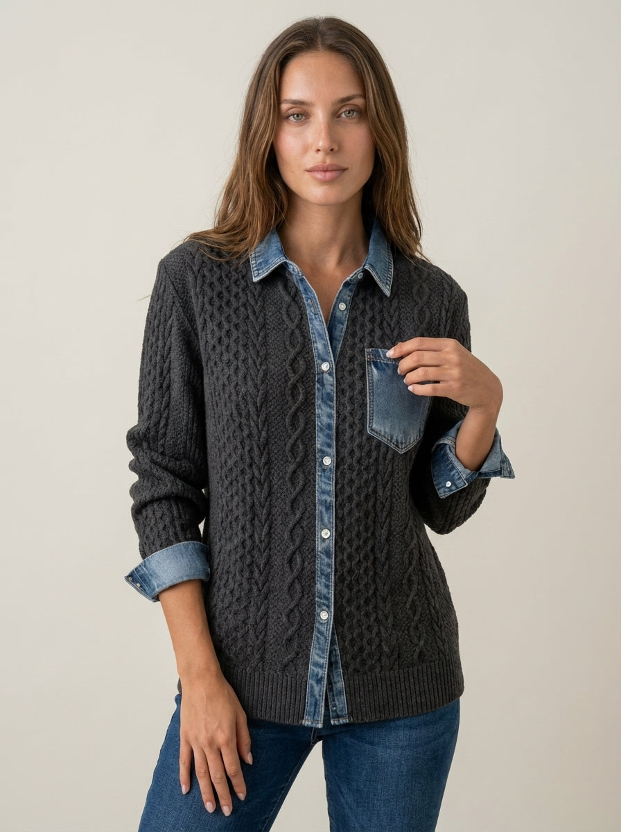 Rebecca | Cable-Pattern Top with Denim Details