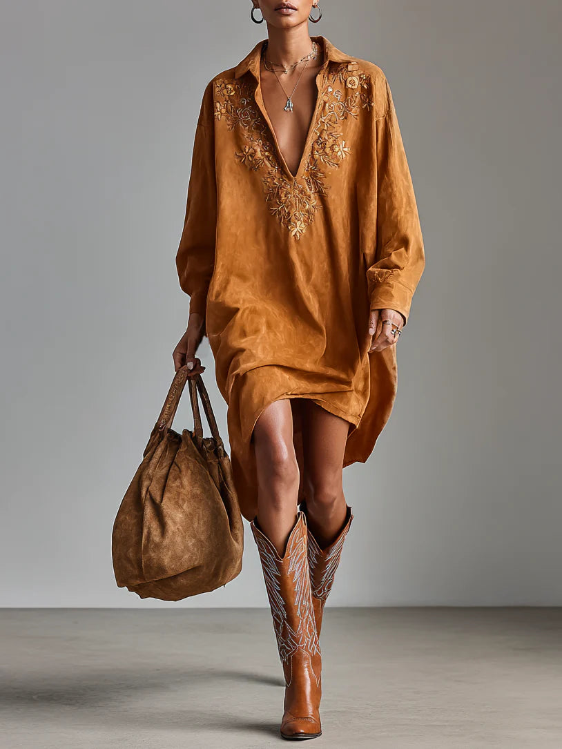 Sybil | Loose Lapel V-Neck Printed Long-Sleeved Midi Dress