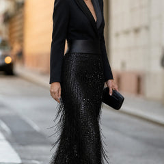 Loredana | Sequin Fringe Blazer Midi Dress