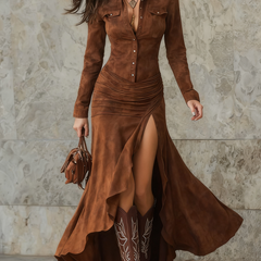 Daisy | Western Ruched Button-Front Midi Dress