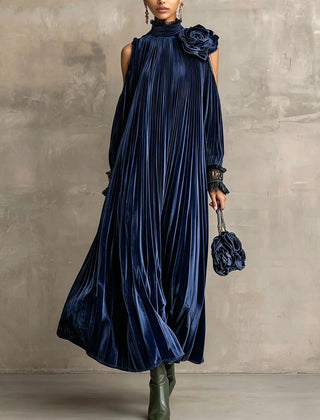 Simonetta | Pleated Maxi Dress with Floral Shoulder