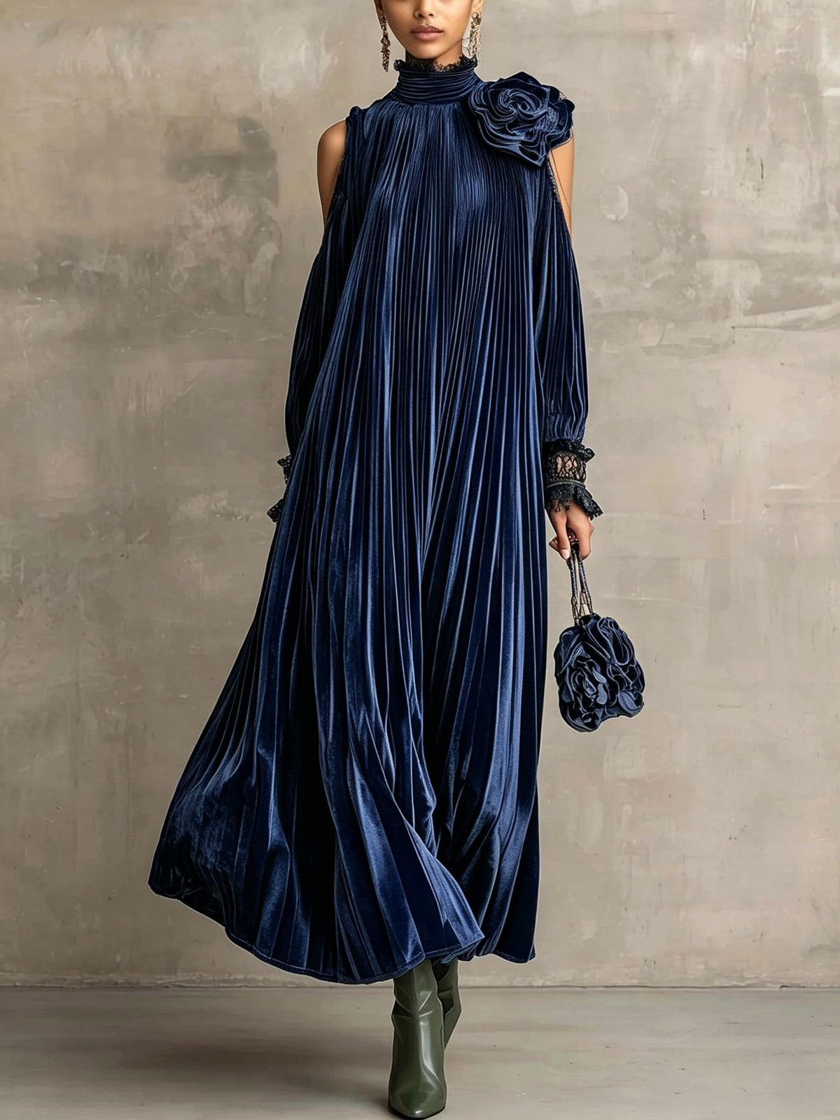 Simonetta | Pleated Maxi Dress with Floral Shoulder