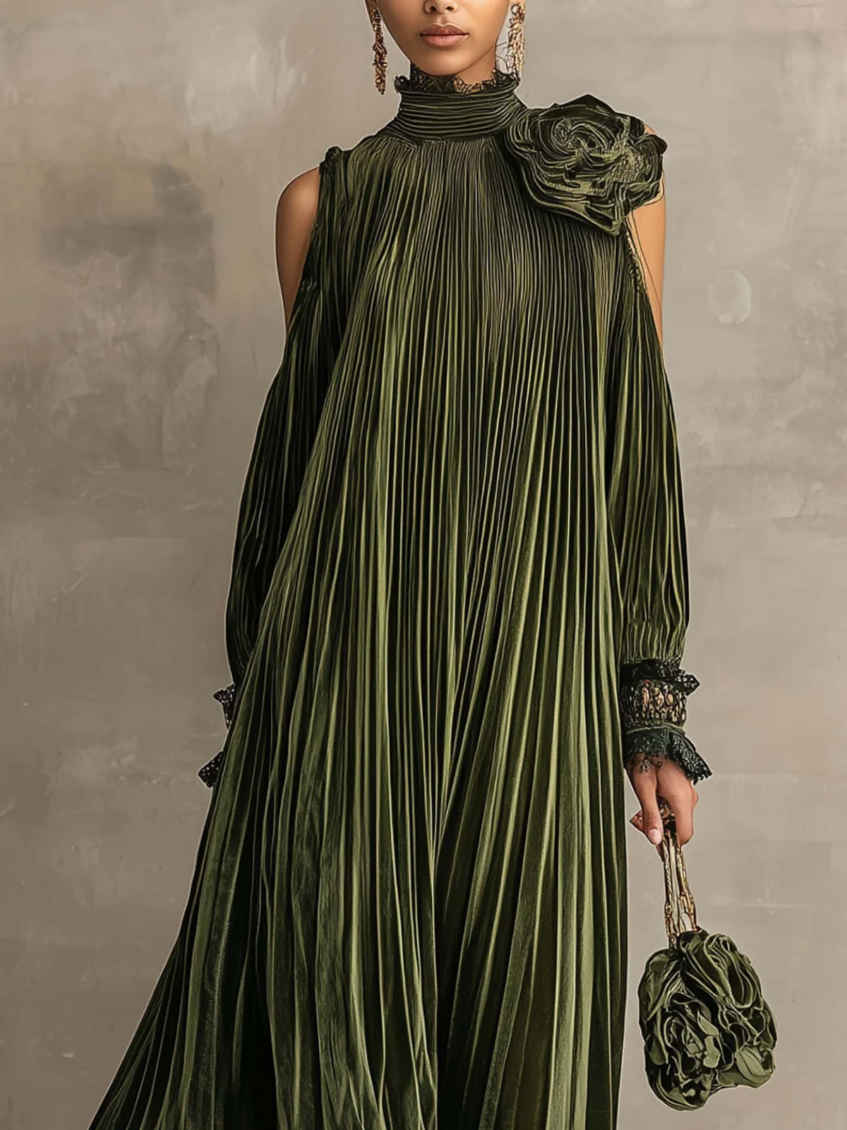 Simonetta | Pleated Maxi Dress with Floral Shoulder