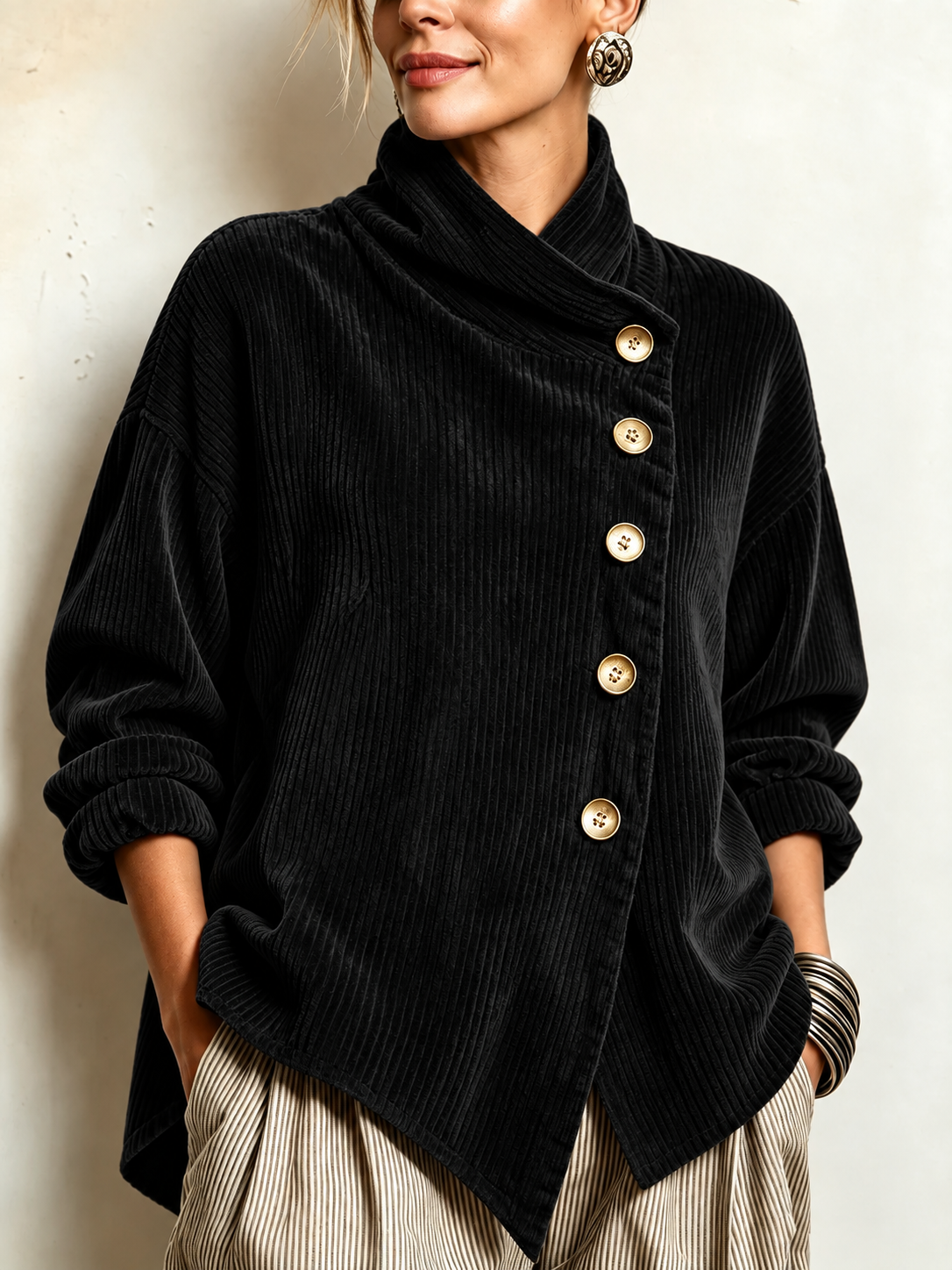 Avery | Wrap-Collar Corduroy Button-Up Top