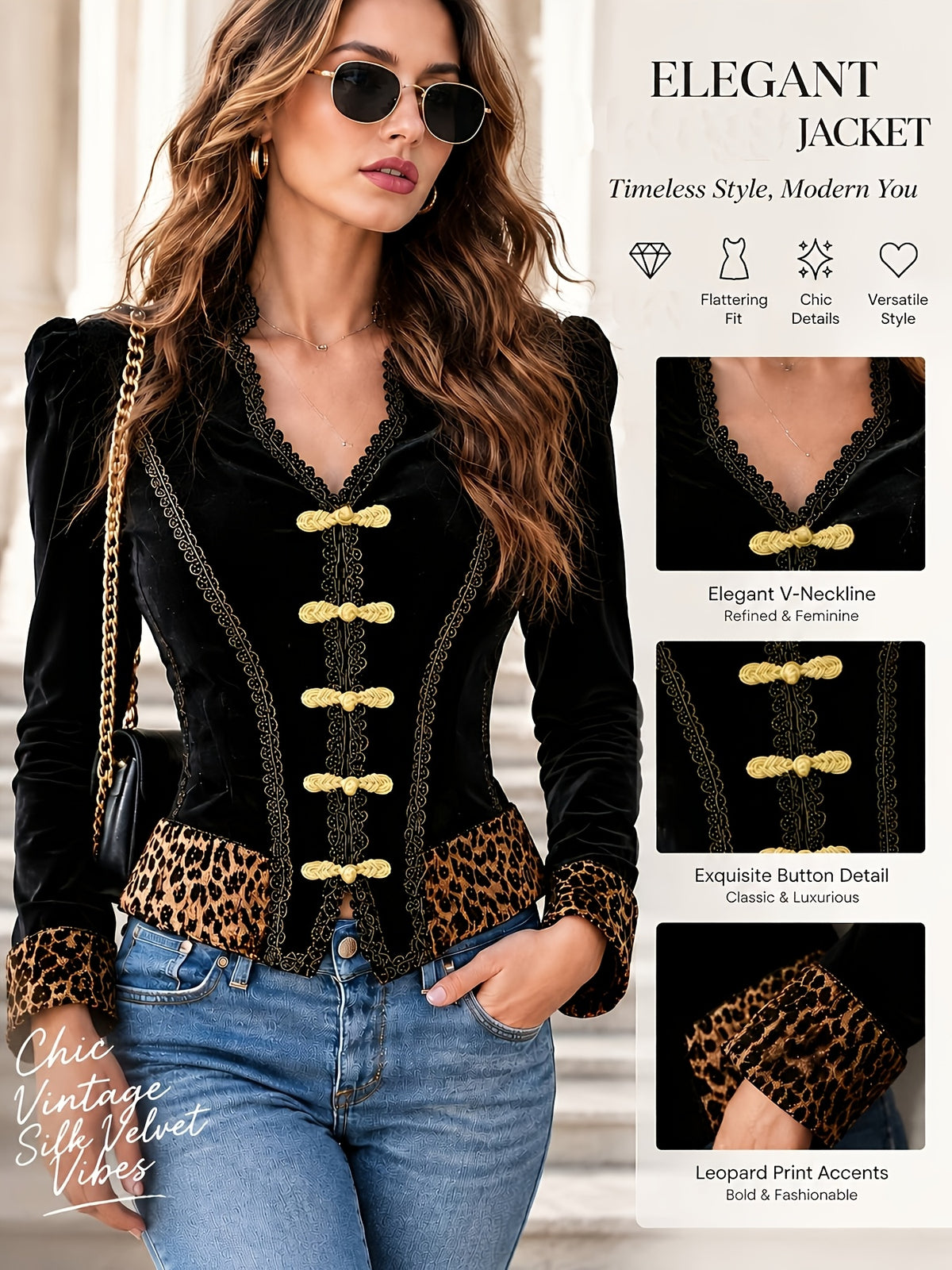 Dames Leopard Print Vintage Barok Zwart Velvet Militaire Pak Jas, Knoopsluiting Ontwerp, Geschikt voor Dagelijks Party Kleding YYTT