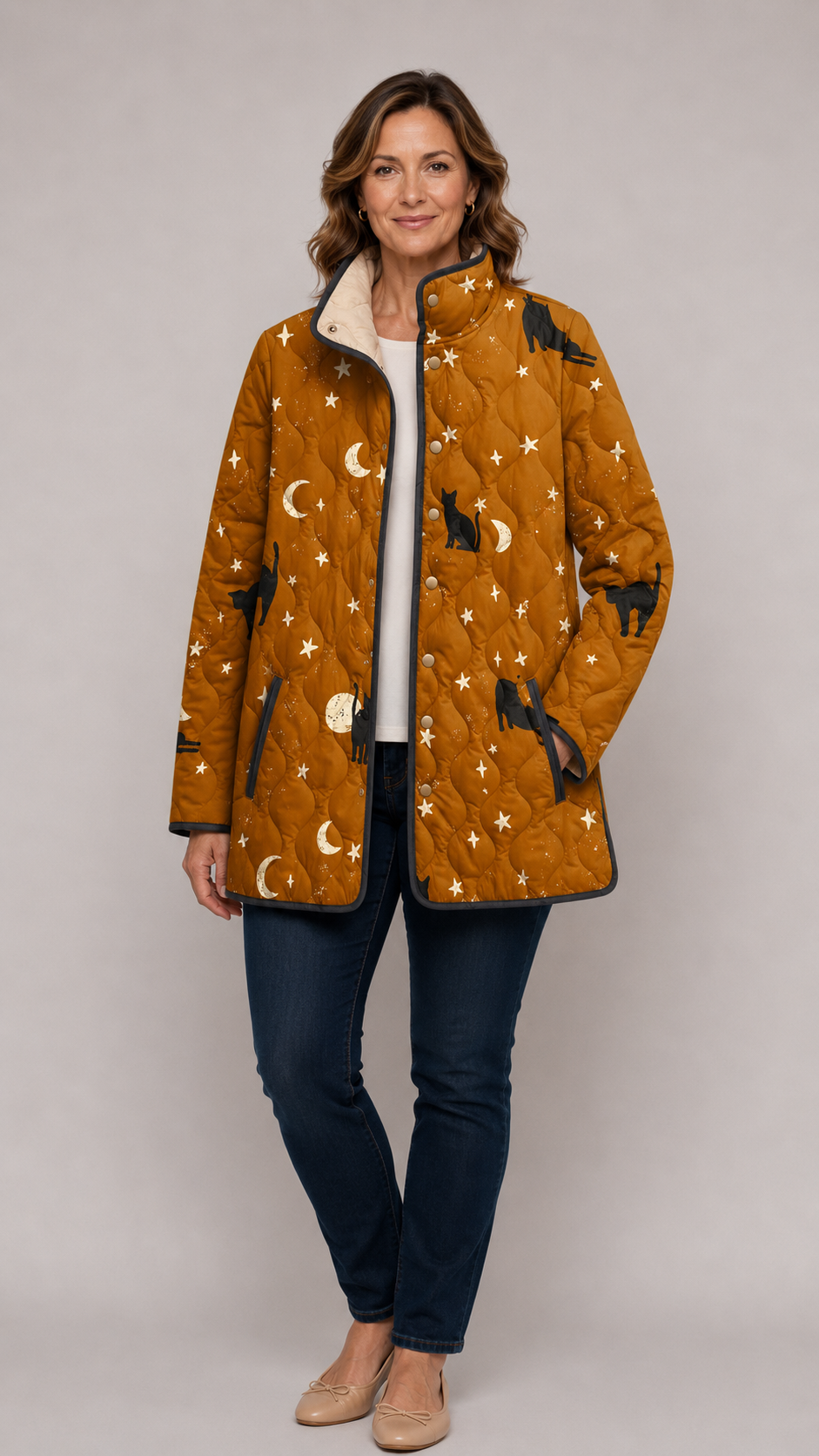 Maya | Black Cat Print Quilted Jacket