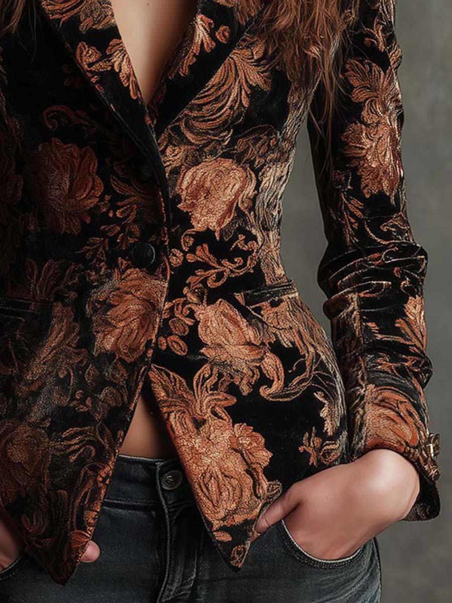 Bertilla | Printed Black and Bronze Floral Blazer