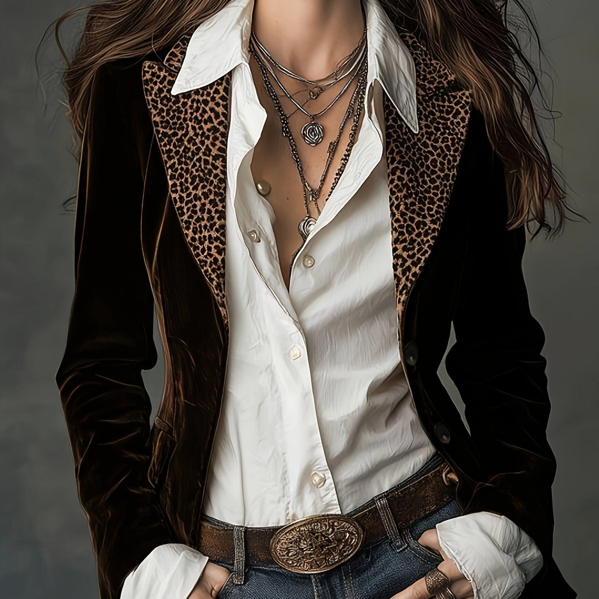 Retro bruine fluwelen korte blazer, luipaardprint patchwork revers, slanke taille, Amerikaanse western stijl fluwelen blouse top Yytt