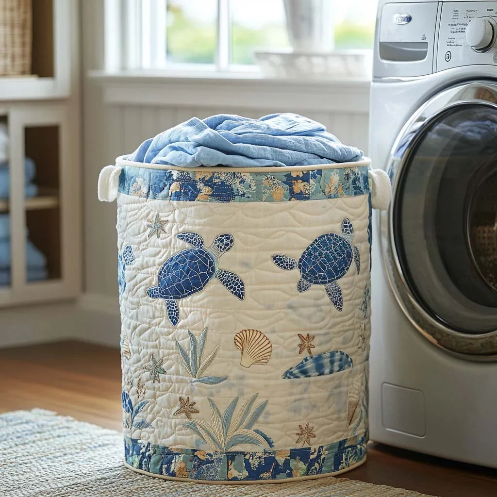 Nerine | Blue Turtle Cove Quilted Laundry Basket