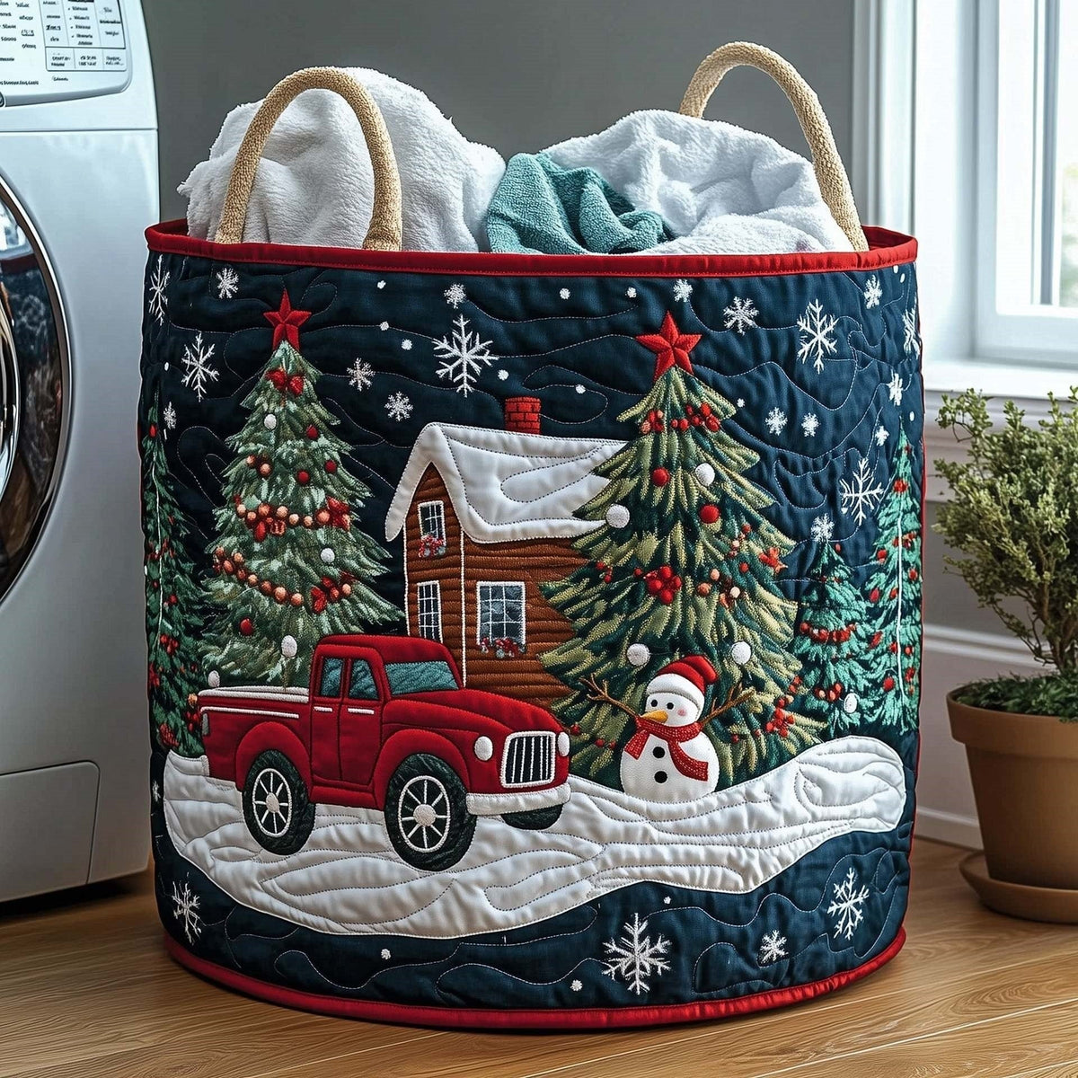 Hazel | Christmas Cabin Pickup Quilted Laundry Basket