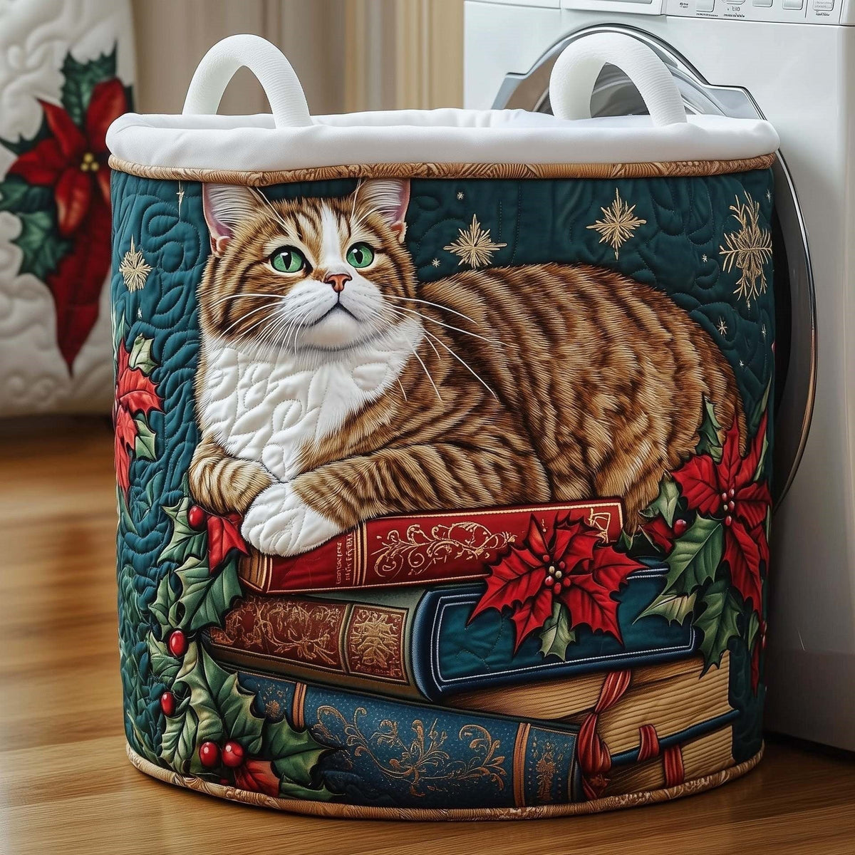 Tabitha | Christmas Storybook Cat Quilted Laundry Basket
