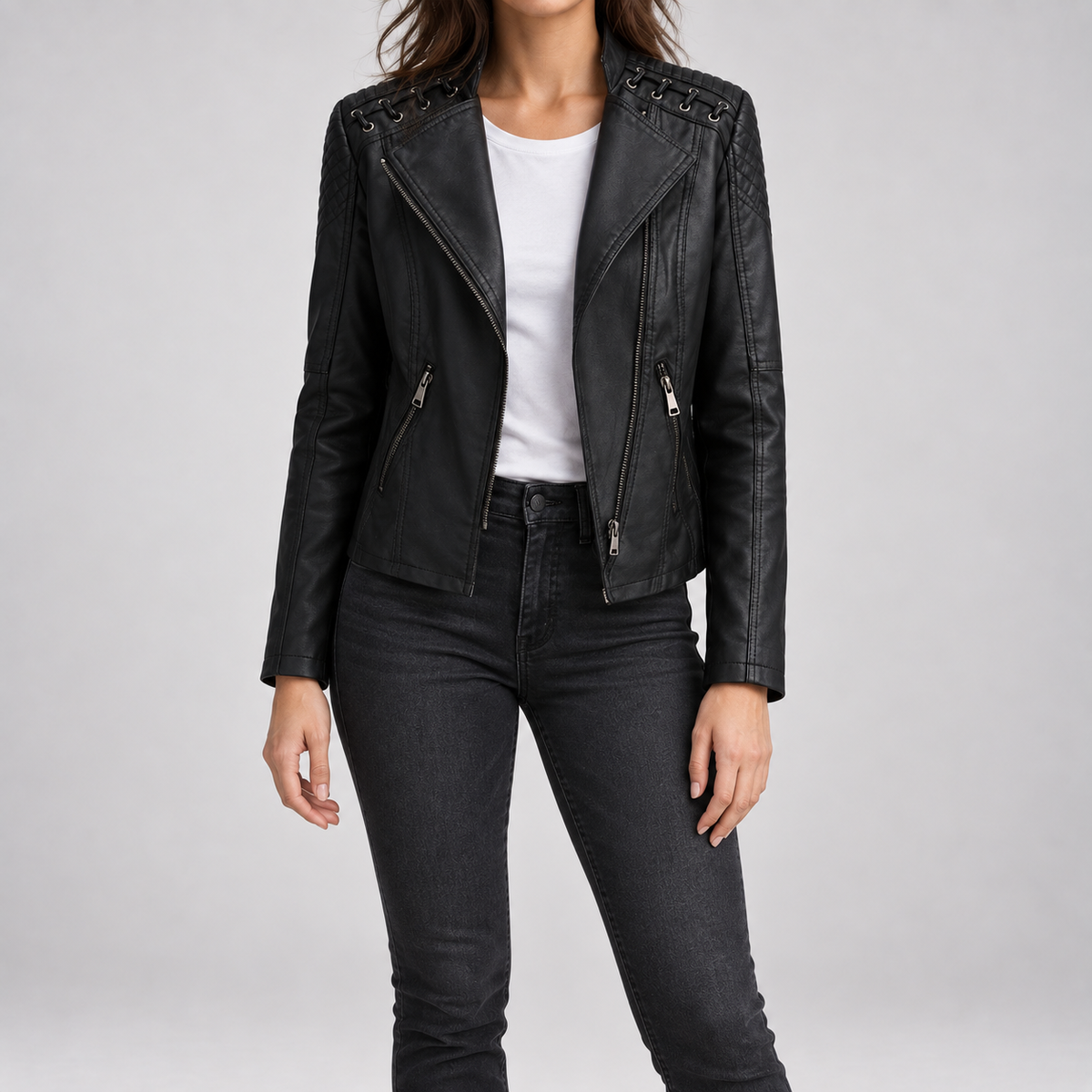 Marguerite™ | Women's Asymmetrical Grommet Moto Quilted Jacket