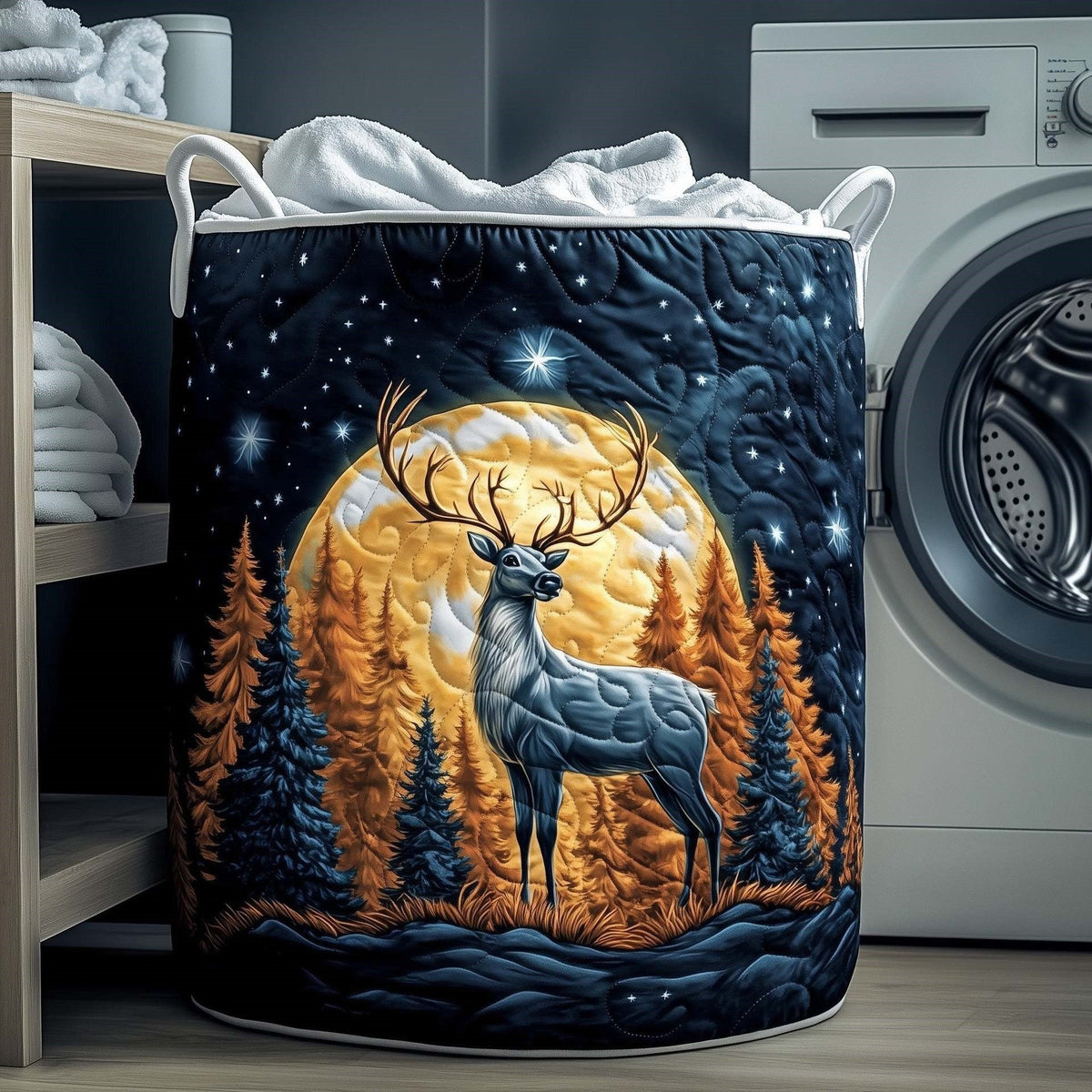 Aurelia | Golden Moon Reindeer Quilted Laundry Basket