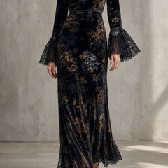 Luna | Lace-Sleeve Velvet Maxi Dress