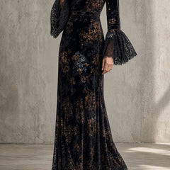 Luna | Lace-Sleeve Velvet Maxi Dress