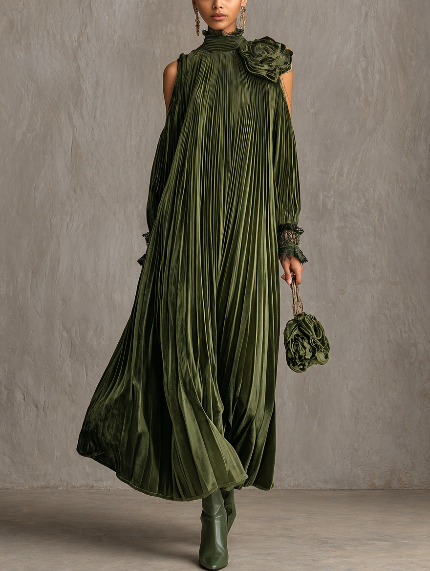 Simonetta | Pleated Maxi Dress with Floral Shoulder