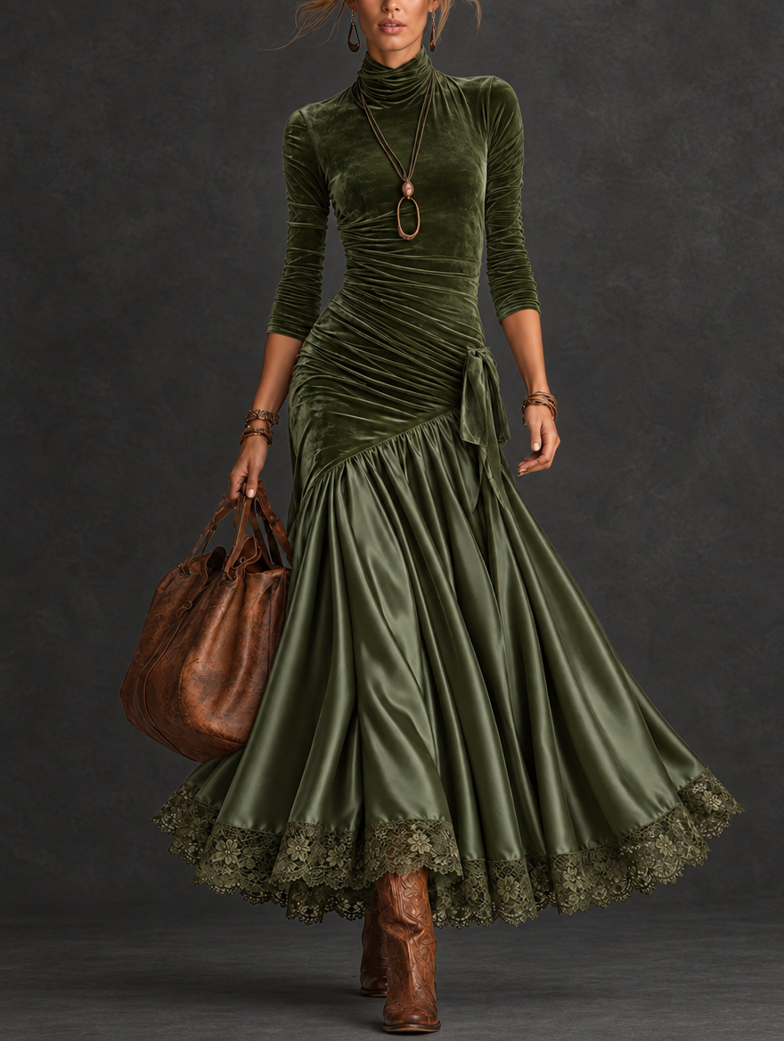 Antonella | Velvet and Satin Maxi Dress with Lace Hem