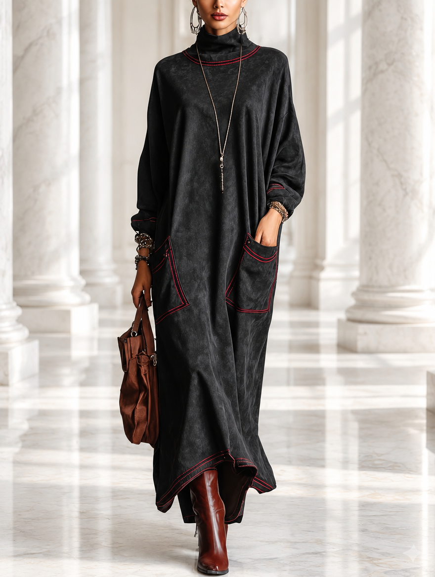 Manuela | Faux Suede Contrast-Stitch Maxi Dress